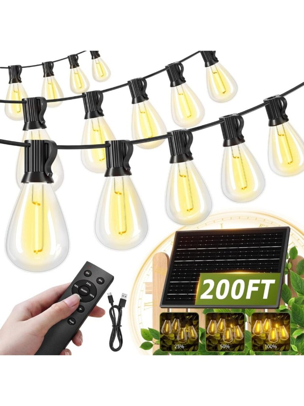 200FT Waterproof Solar String Lights with Remote, 72 LED Bulbs, 3 Dimmable Modes